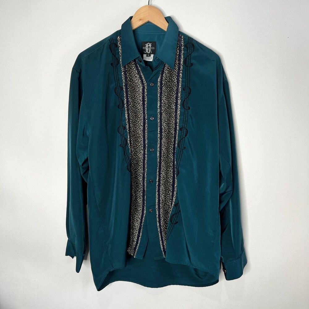 Vintage Husky Club Shirt Button Up Teal Abstract Embroidered Music Note Men's L